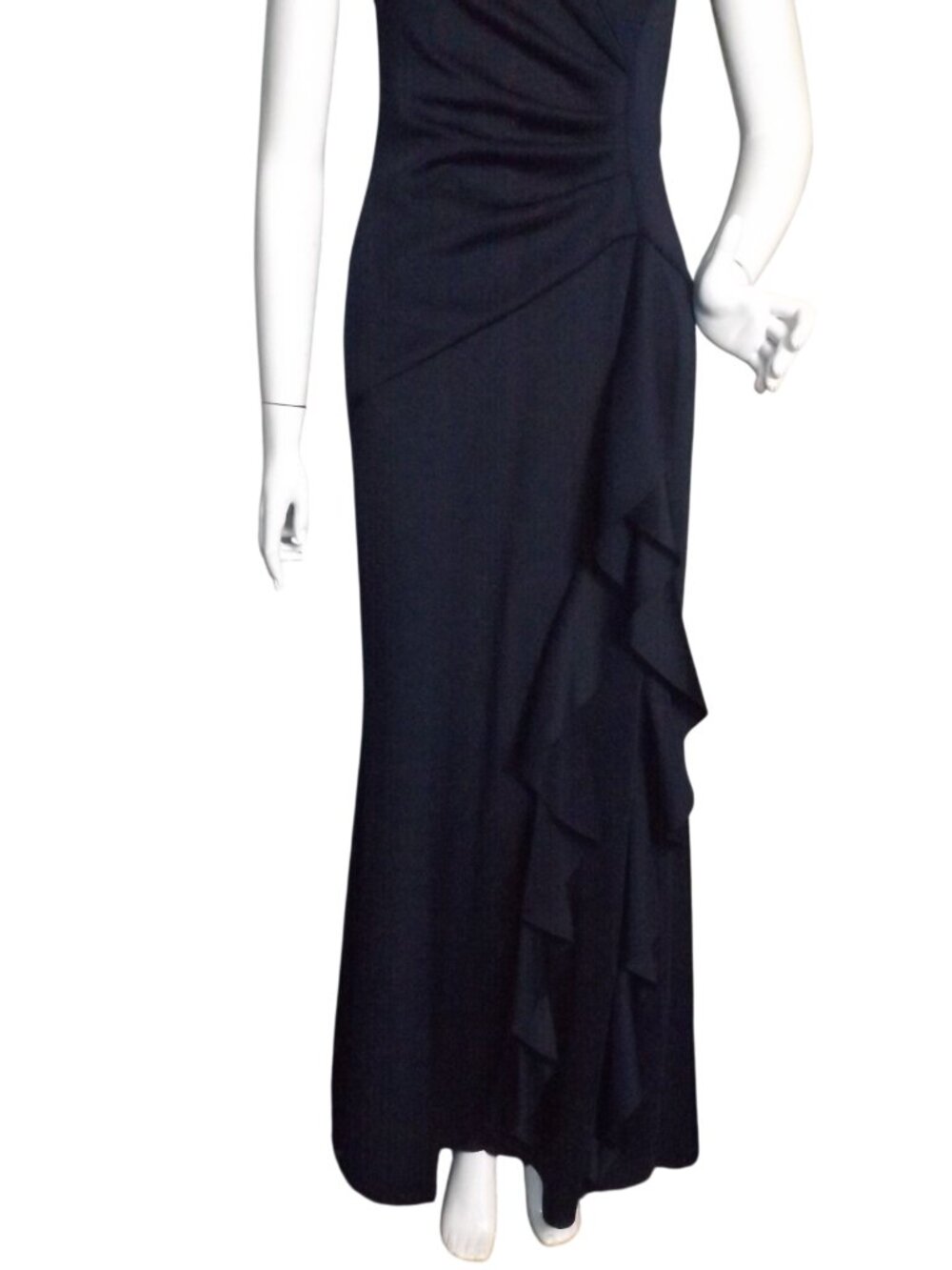 XSCAPE Gown/Dress, 8, Navy Blue,  Ruffle, V-neck, Gathered, Cap Sleeve, Zipper - Picture 3 of 13